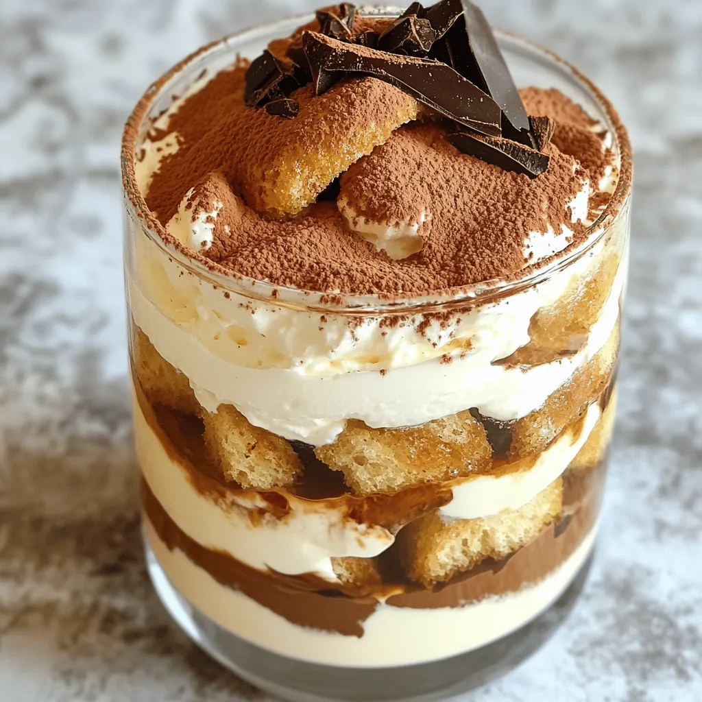 - 1 cup strong brewed coffee (cooled to room temperature) - 2 tablespoons unsweetened cocoa powder (plus extra for dusting) - 8 ounces mascarpone cheese - 1 cup heavy whipping cream - 1/2 cup powdered sugar - 1 teaspoon vanilla extract - 24 ladyfinger cookies - Dark chocolate shavings (for garnish)