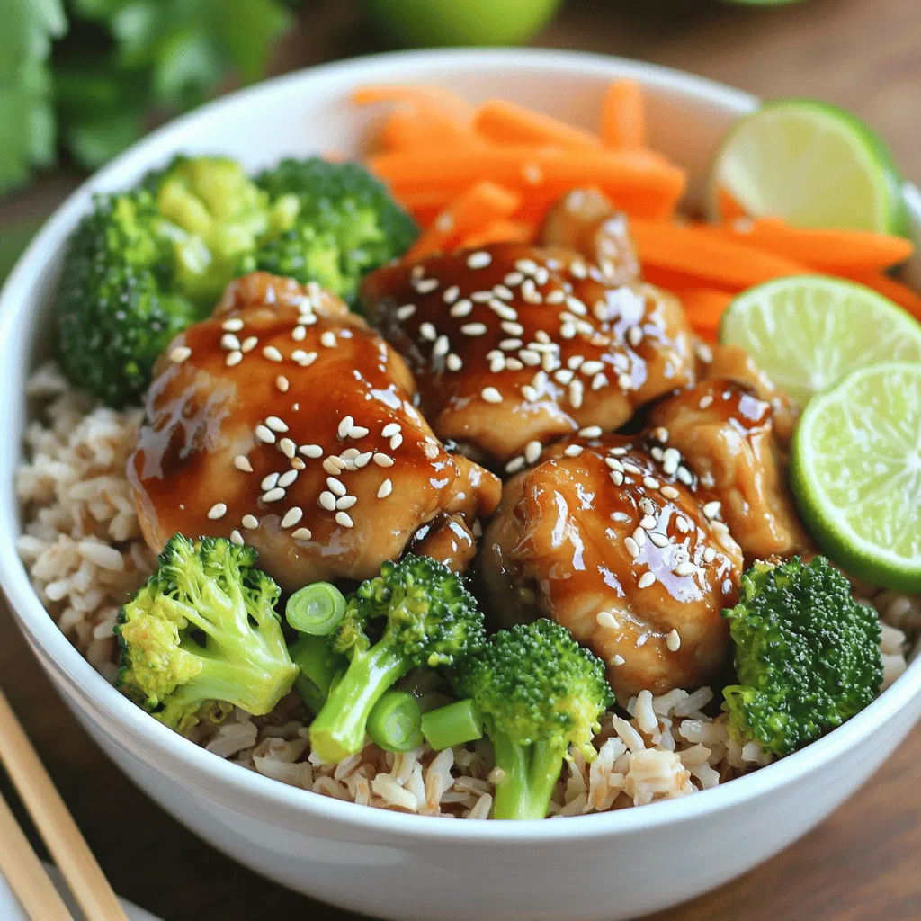 - 2 boneless, skinless chicken thighs - 1 cup brown rice - 1 cup broccoli florets - 1 carrot, julienned - 3 green onions, sliced
