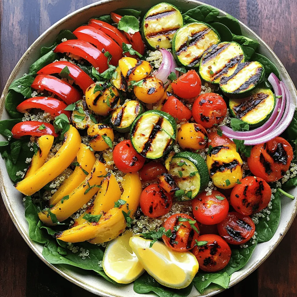- 1 cup quinoa, rinsed - 2 cups vegetable broth (or water) - 1 zucchini, sliced into half-moons - 1 red bell pepper, cut into strips - 1 yellow bell pepper, cut into strips - 1 cup cherry tomatoes, halved - 1 red onion, cut into wedges - 3 tablespoons olive oil - 1 teaspoon garlic powder - 1 teaspoon smoked paprika - Salt and pepper to taste - 1 cup fresh spinach or arugula - Juice of 1 lemon - Fresh herbs (parsley or basil) for garnish