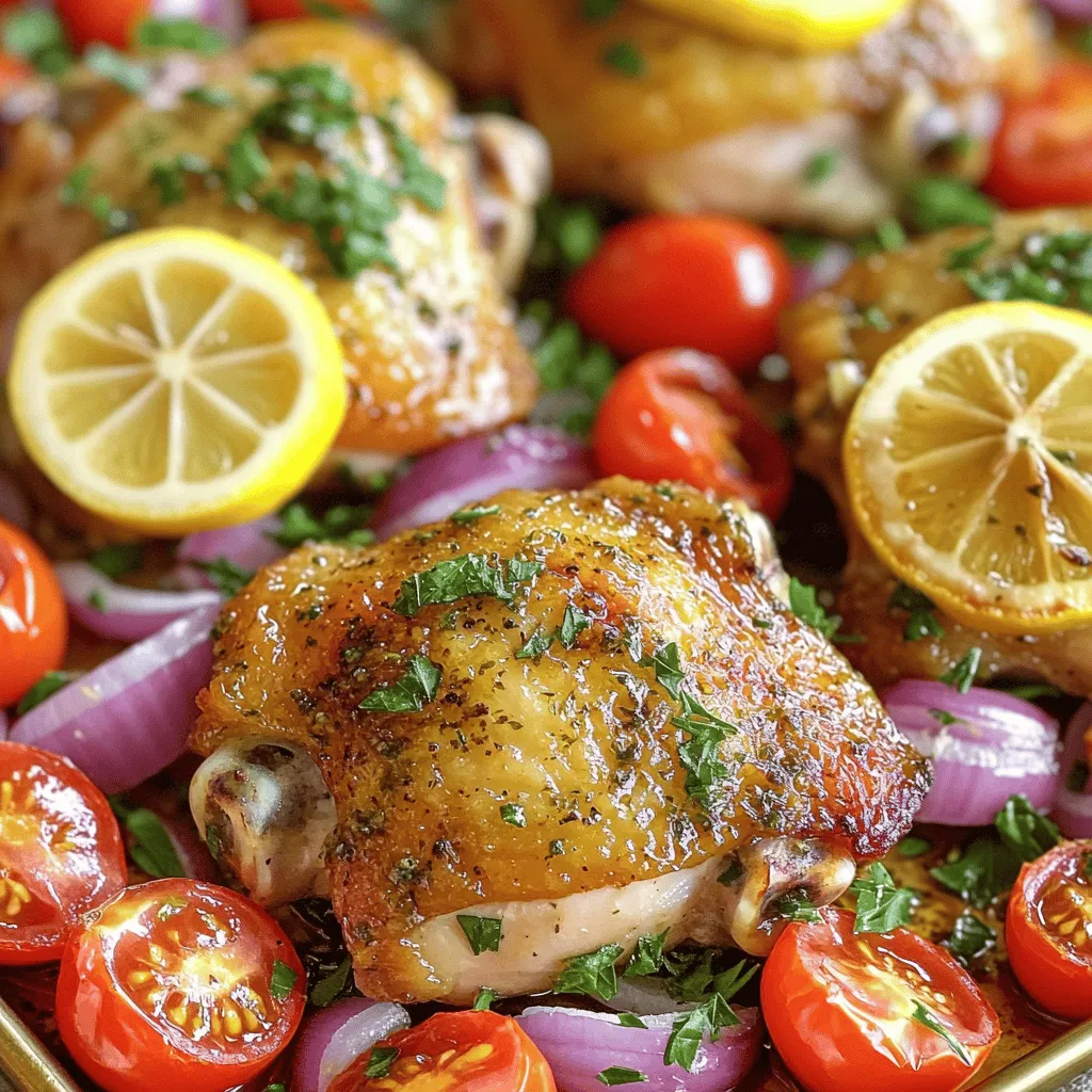 - 4 bone-in, skin-on chicken thighs - 2 tablespoons olive oil - 4 cloves garlic, minced - 2 lemons (1 zested and juiced, 1 sliced) - 1 teaspoon dried oregano - 1 teaspoon dried thyme - 1 teaspoon smoked paprika - 1 teaspoon salt - ½ teaspoon black pepper - 1 cup cherry tomatoes, halved - 1 medium red onion, sliced - Fresh parsley, for garnish